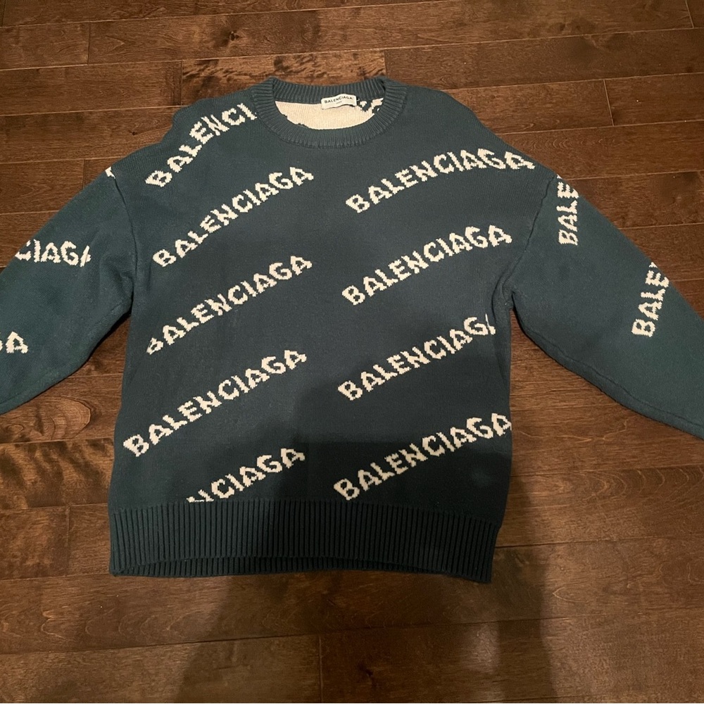 Balenciaga Teal and White Logo Sweater